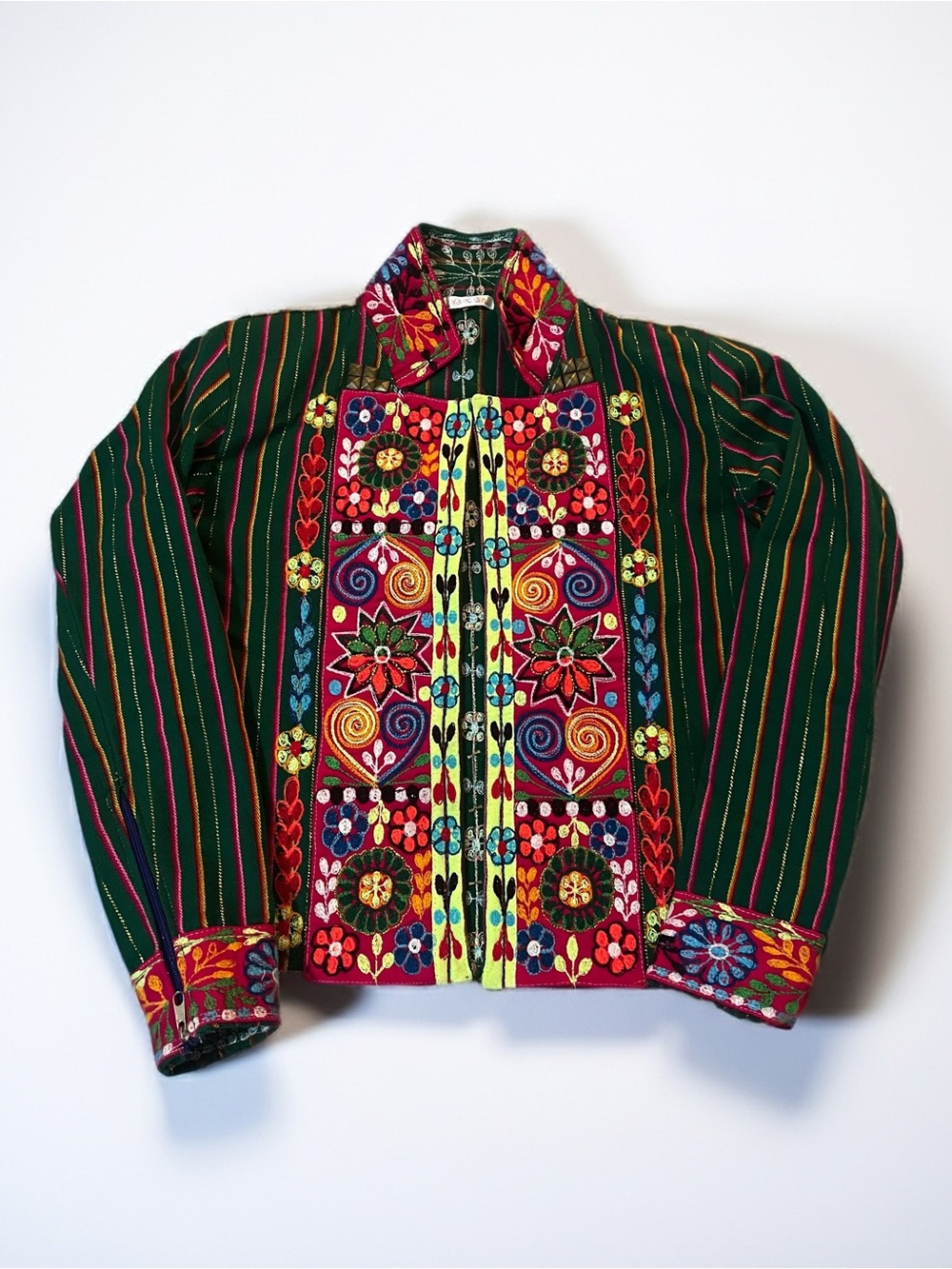 Green Striped Bomber Jacket with Multicolor Folk Embroidery